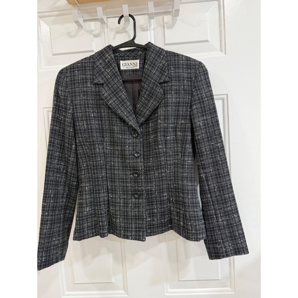 Gianni Petite Vintage Wool Blend Blazer Grid Pattern Jacket